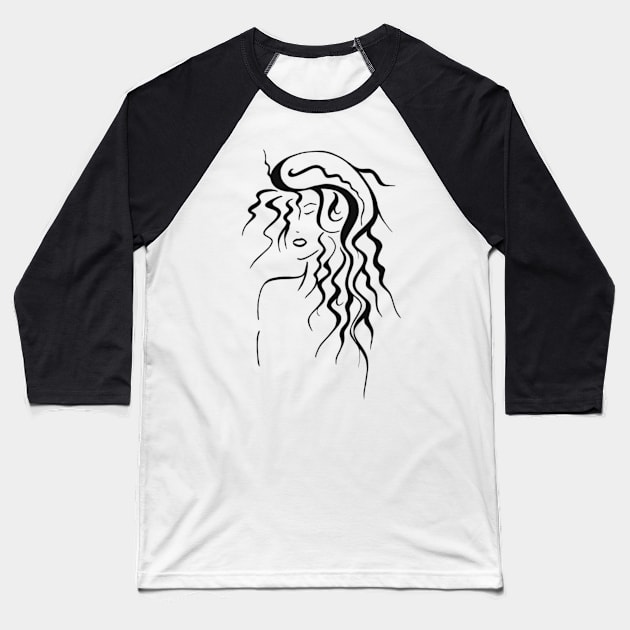 Black and white curly girl Baseball T-Shirt by Drawings by Wandersti